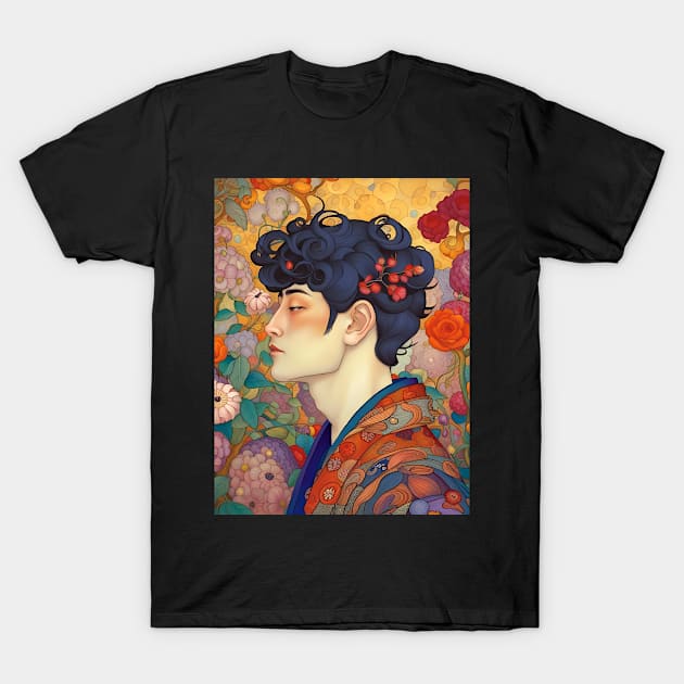 Asian Art Nouveau Man with Flowers T-Shirt by LittleBean